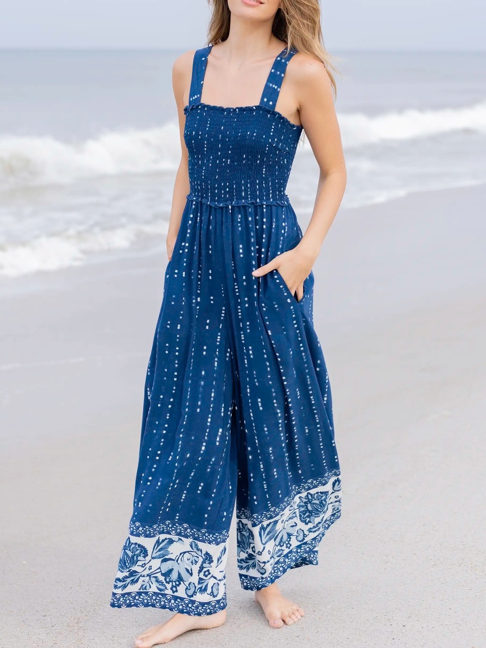 Smocked Navy Blue Wide-Leg Jumpsuit with Floral Hem